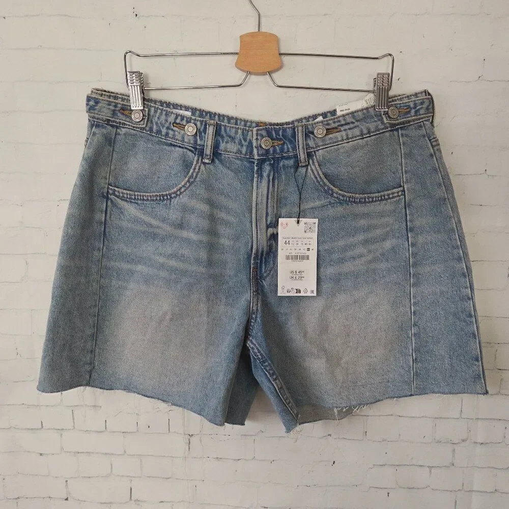 Zara 100% Cotton Adjustable Waist Mom Shorts Size 12 Blue NEW EU 44 Denim Beach
